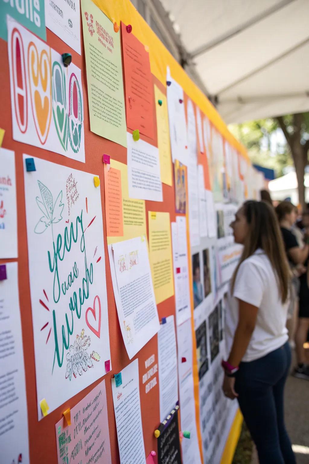 A bulletin board exhibiting creative and eye-catching lettering.