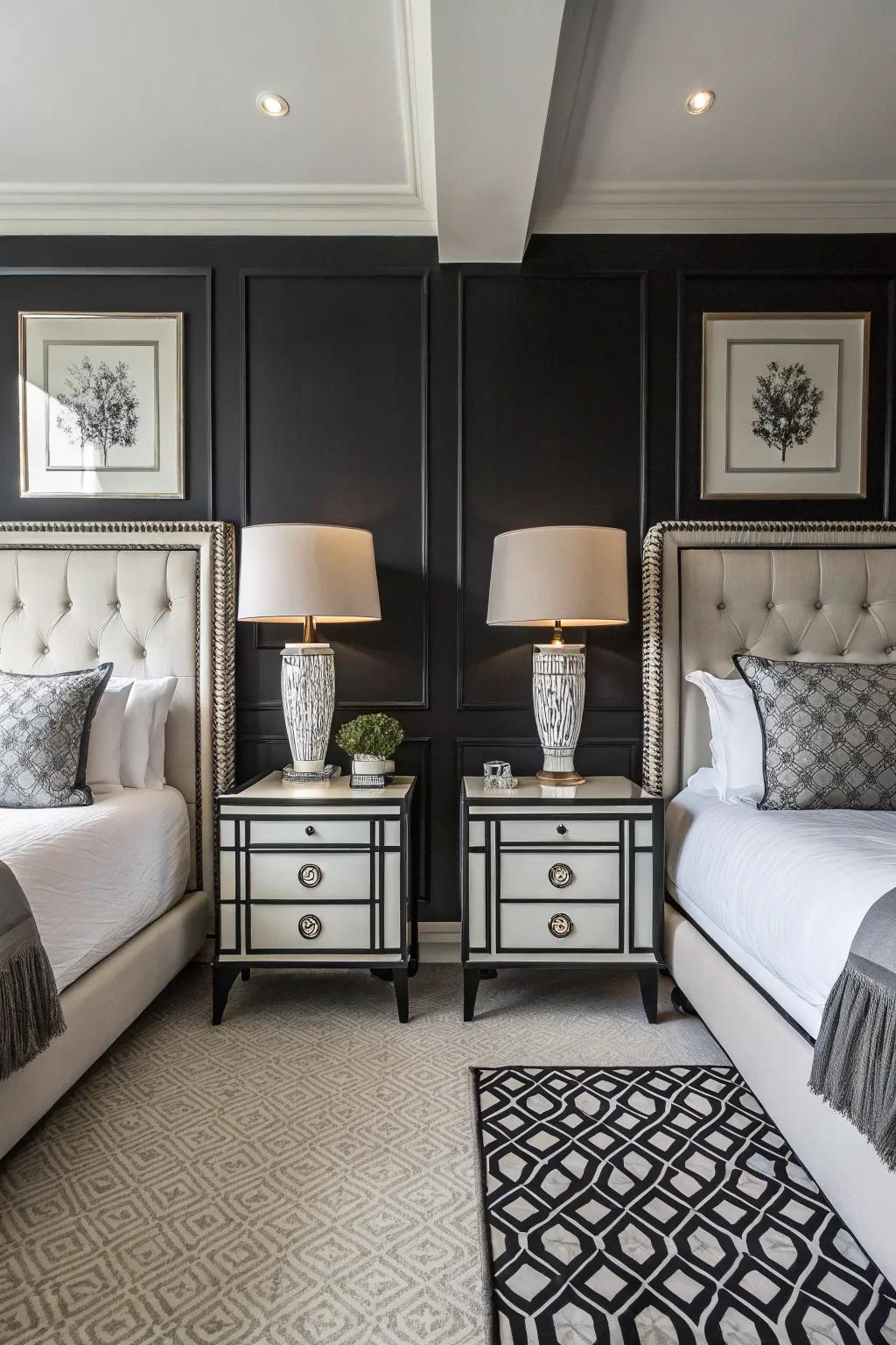 This elegant bedroom has a sense of balance thanks to the symmetrical design.