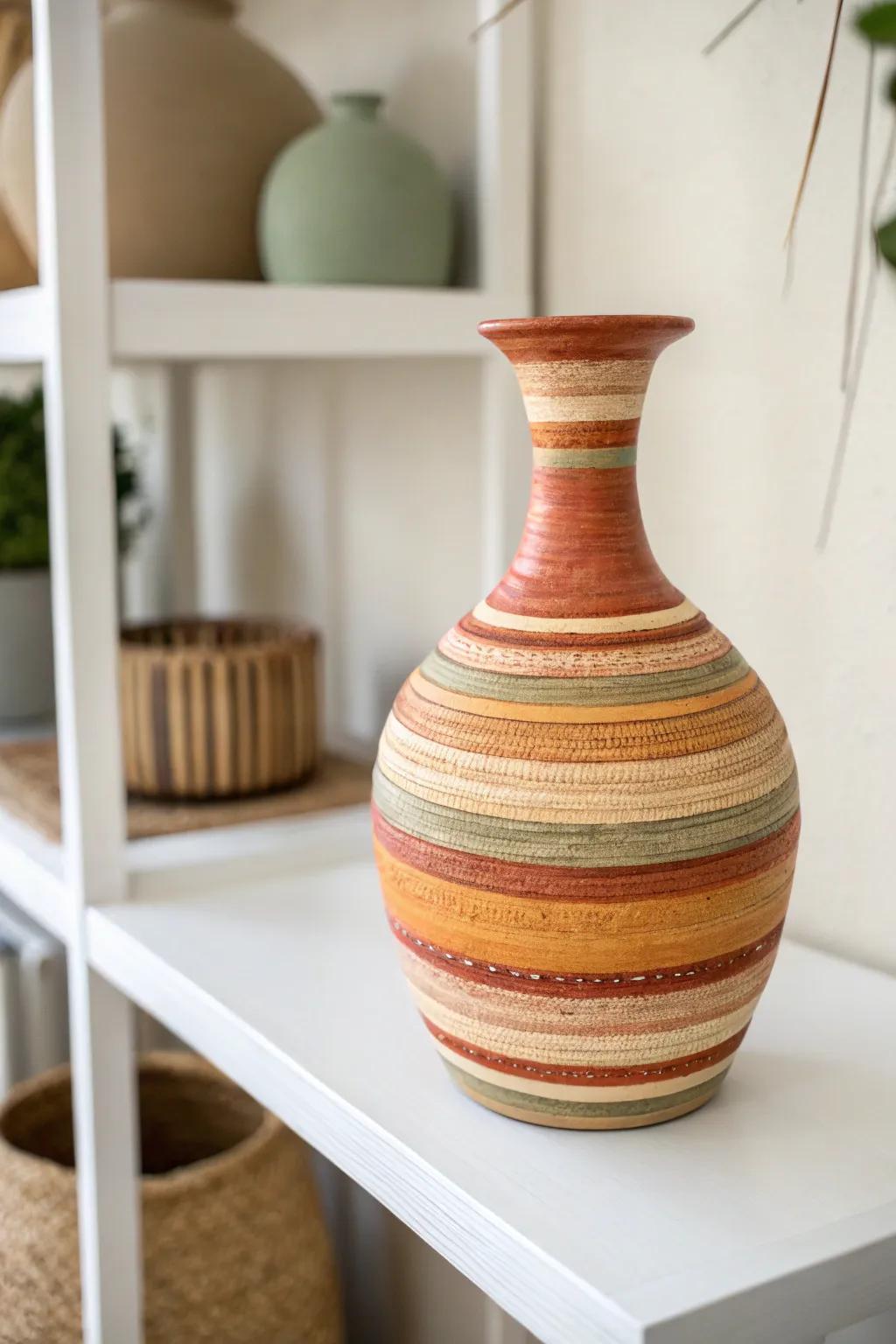 A dirt pot with layered variety stripes adding current style.