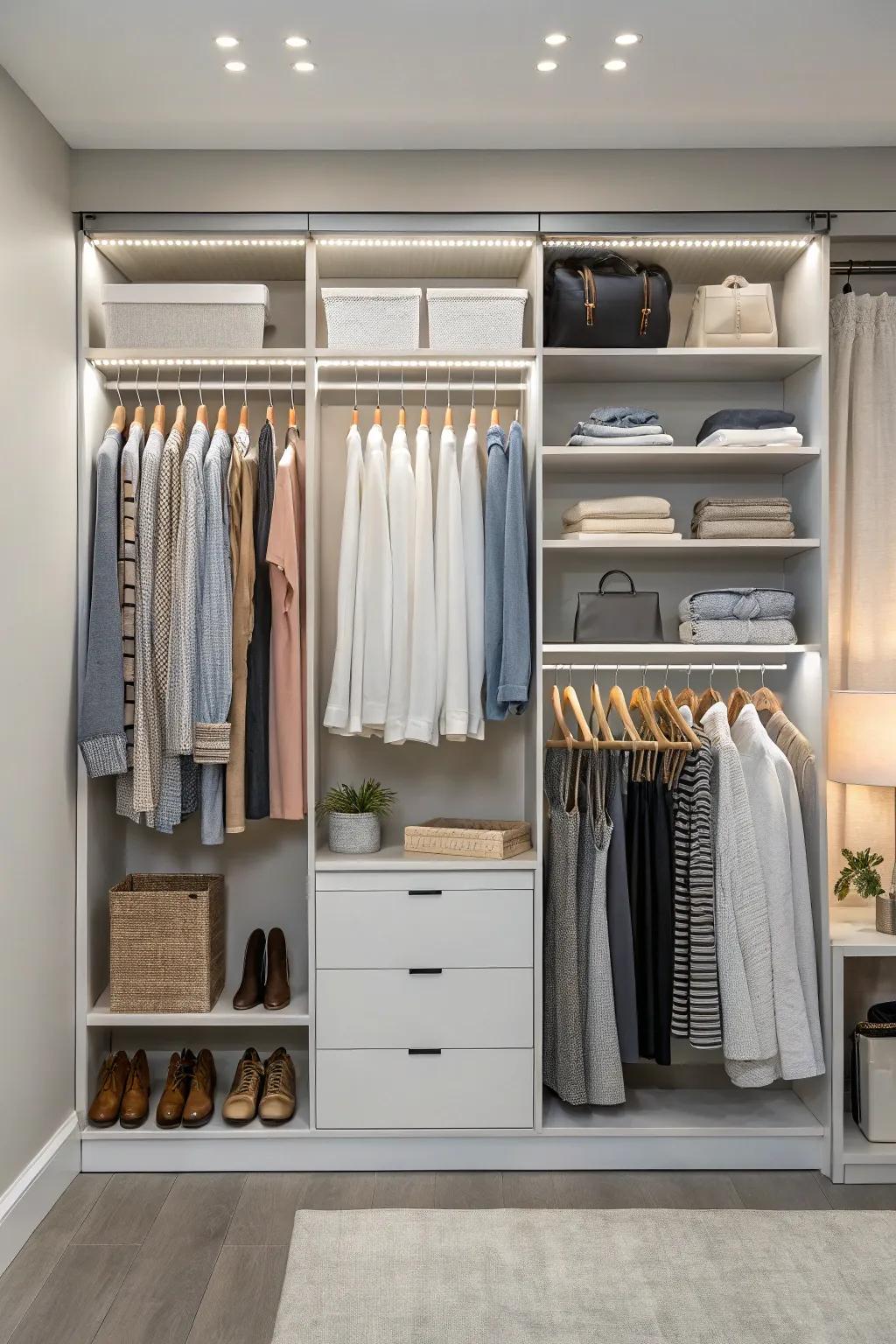 Slide-in rods offer flexibility for dynamic closet organization.