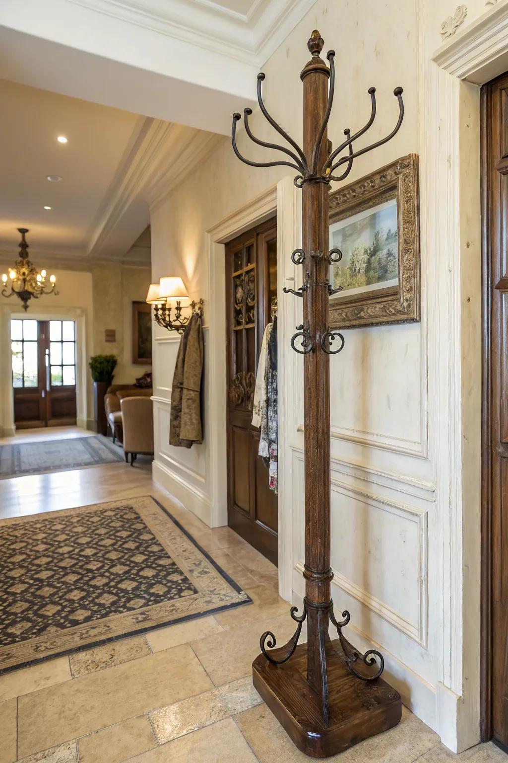 A vintage coat rack showcasing classic fixtures for an elegant and ageless visual.