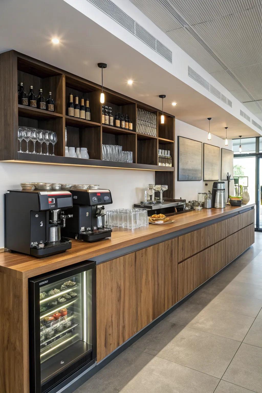 Hidden storage keeps the coffee bar tidy.