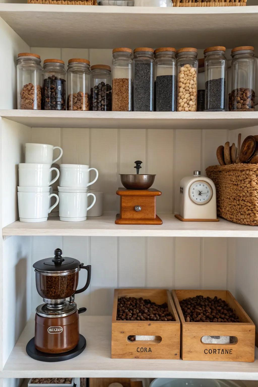 Open shelving showcases your coffee must-haves elegantly.