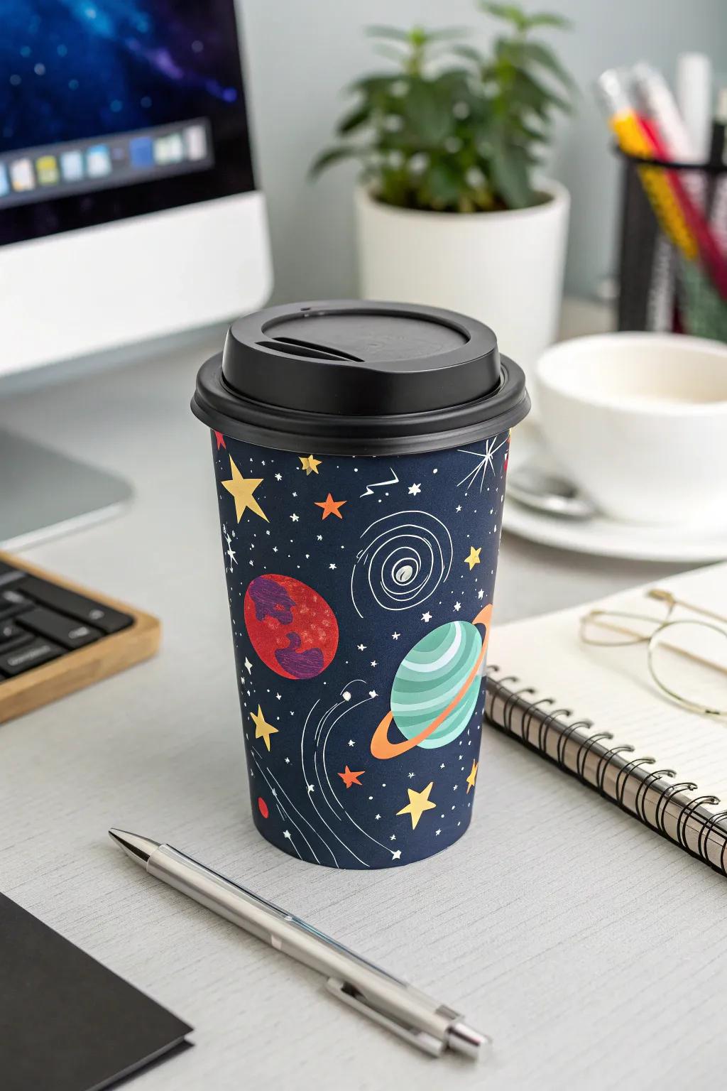 Explore the universe with each sip using coffee cups adorned with heavenly designs.