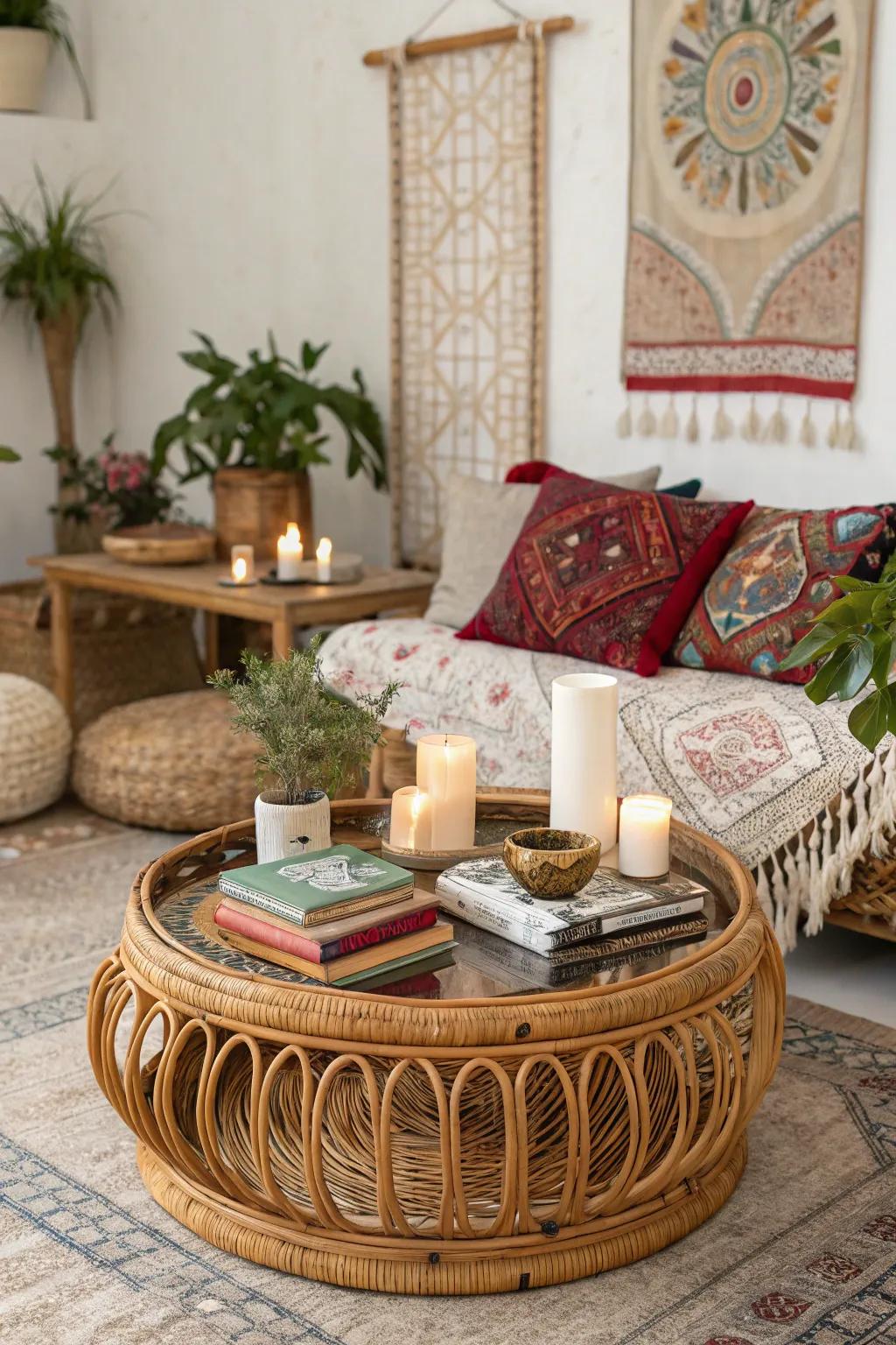 Cane and wicker add comfort and texture for a cozy vibe.