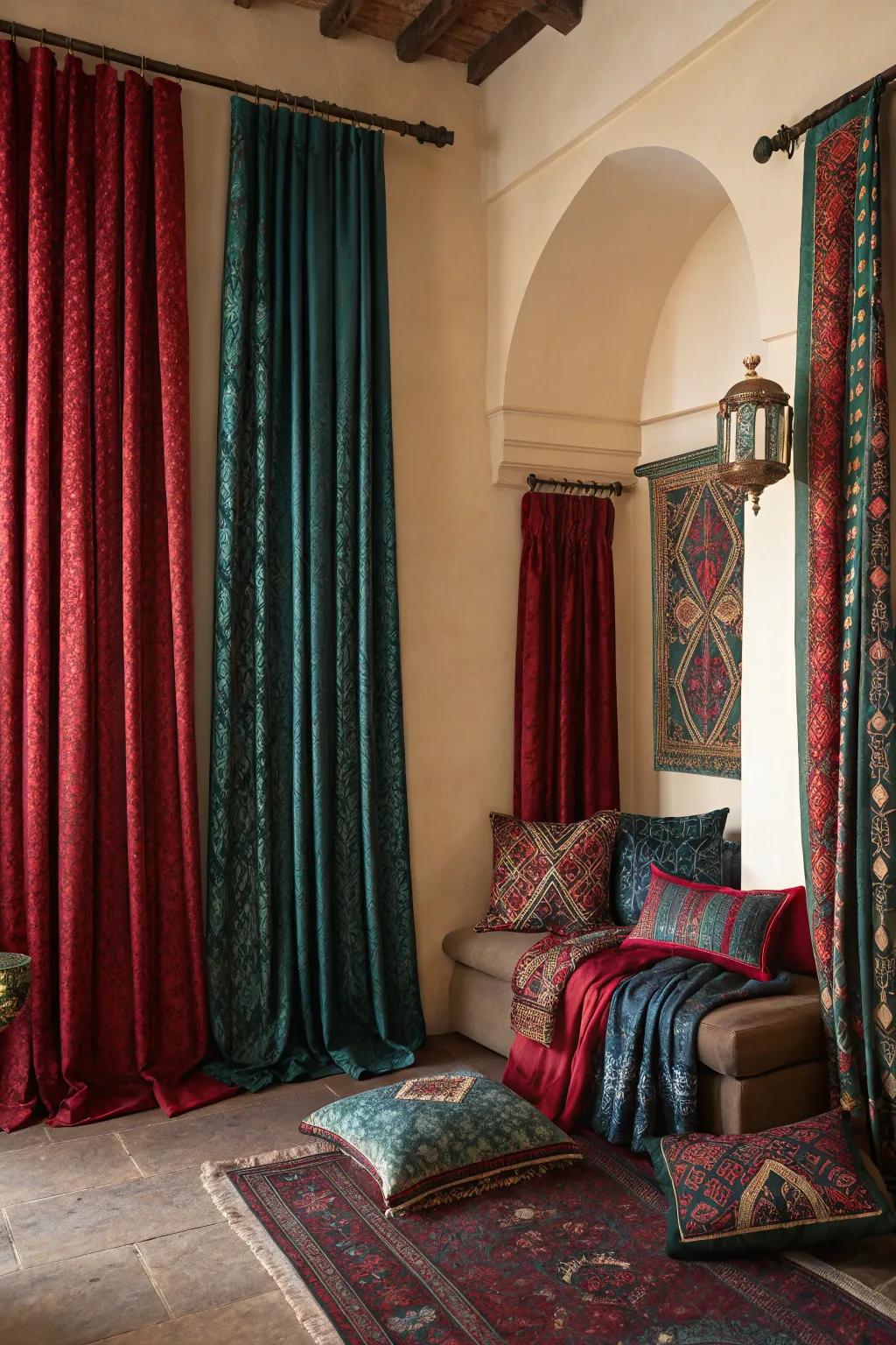 Bold jewel-toned window coverings add a dramatic flair to a cozy apartment.