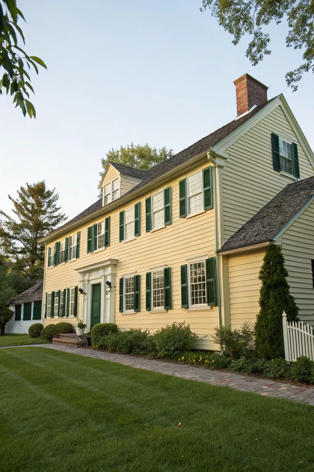 A warm and inviting colonial house with a pale gilded facade and dark green shutters.