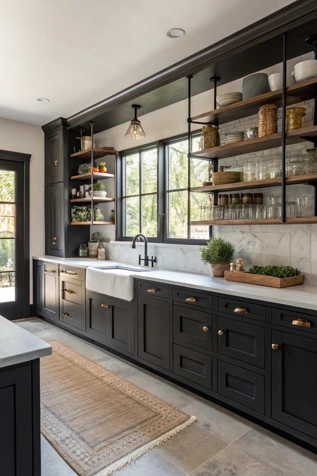 Dark cabinets paired with airy shelving for a balanced and airy kitchen feel.