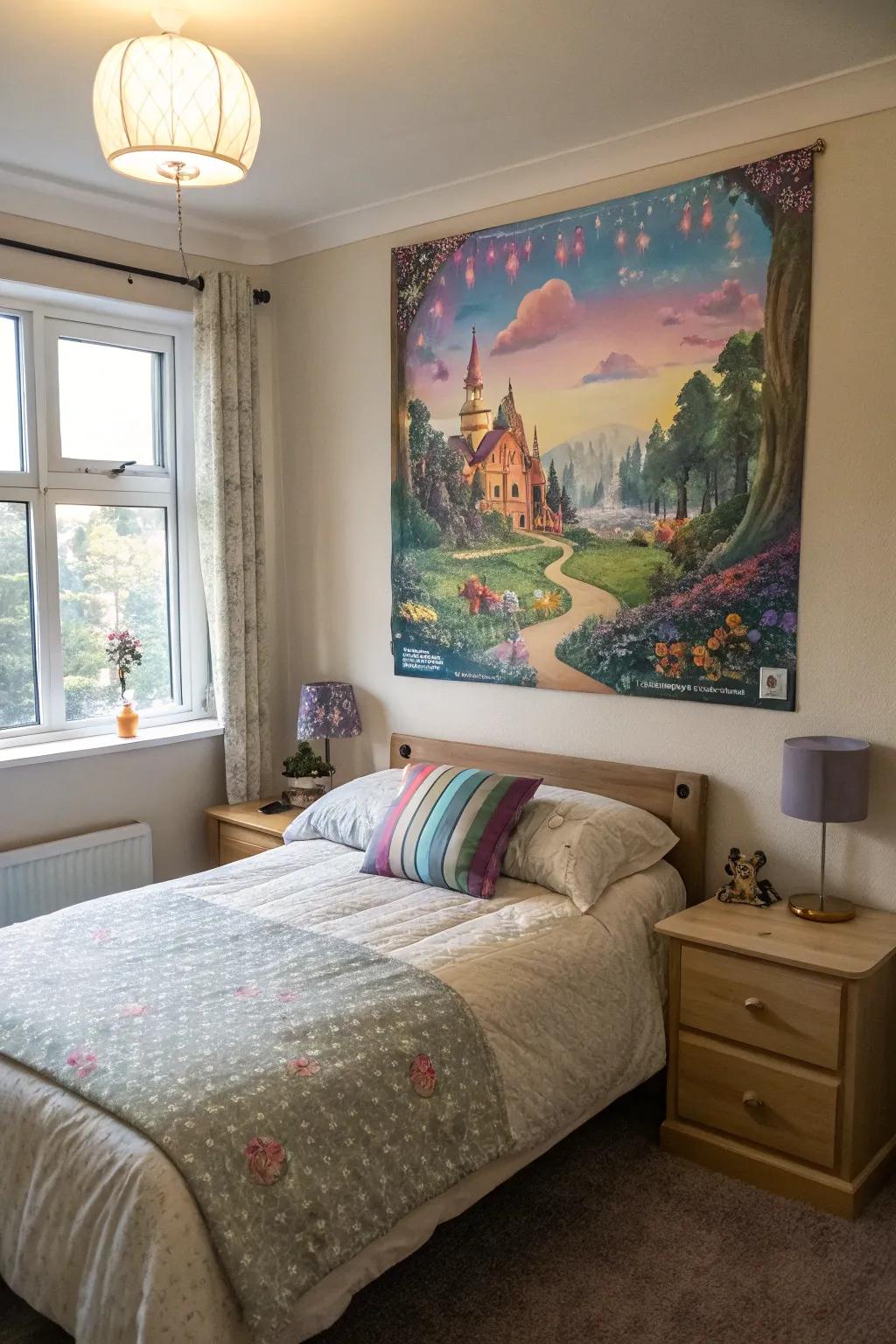 Enchanting dreamscapes poster evoking wonder in a bedroom.