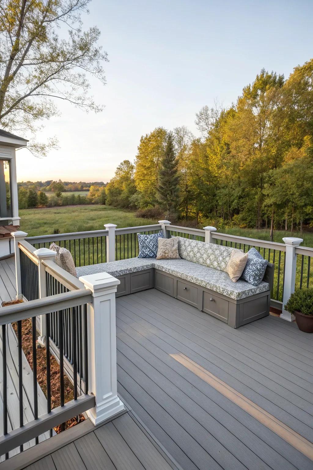 Built-in seating in surrounds offers practical and stylish deck solutions.