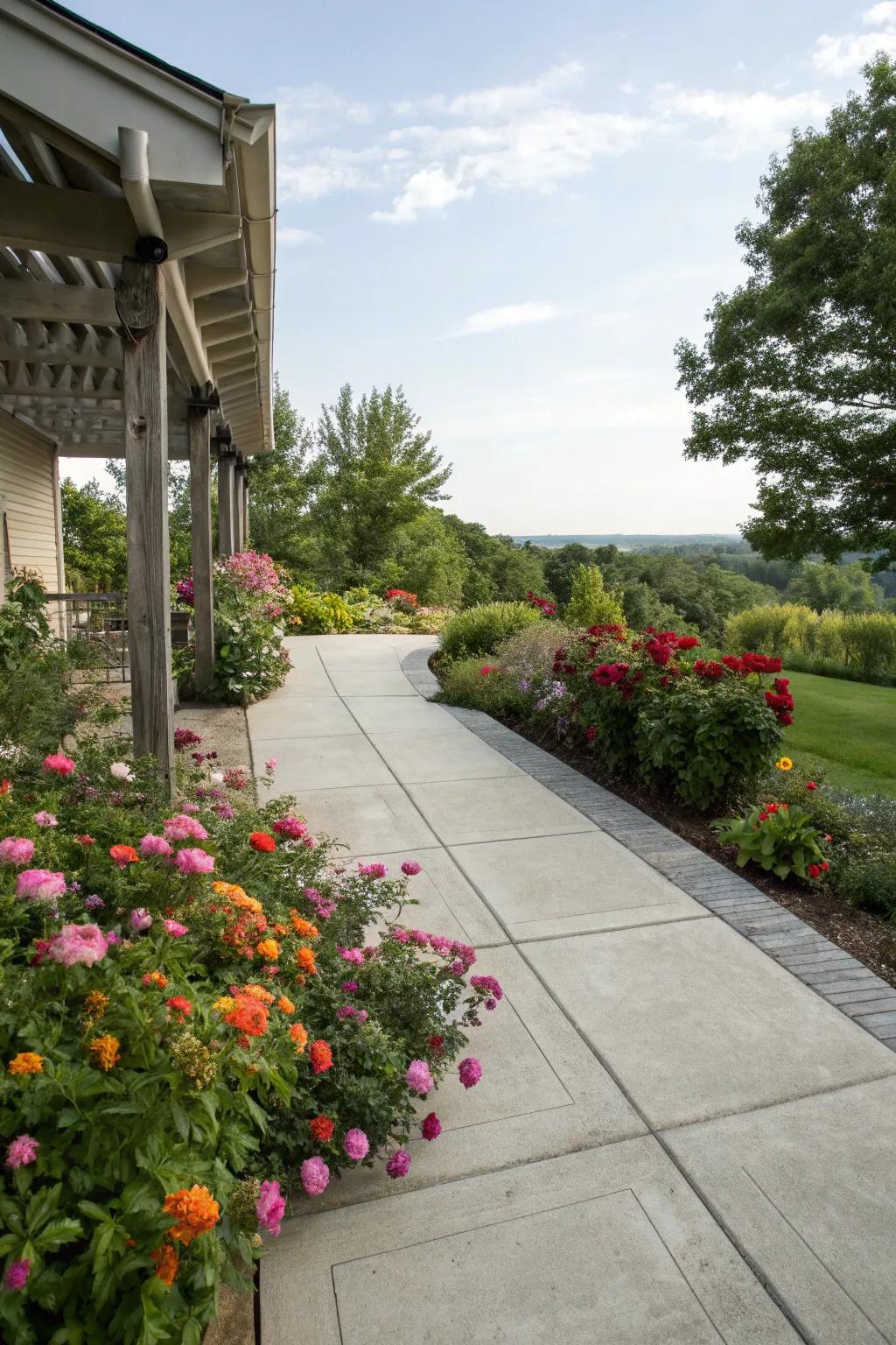 Floral borders add color and vibrancy to patio edges.