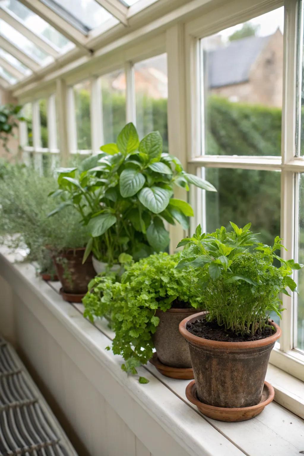 A small herb garden thriving in a conservatory.