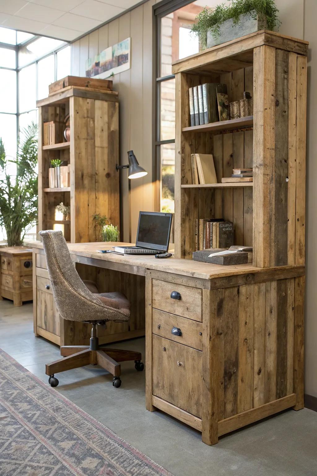 Furniture made from repurposed materials adding character to an office.
