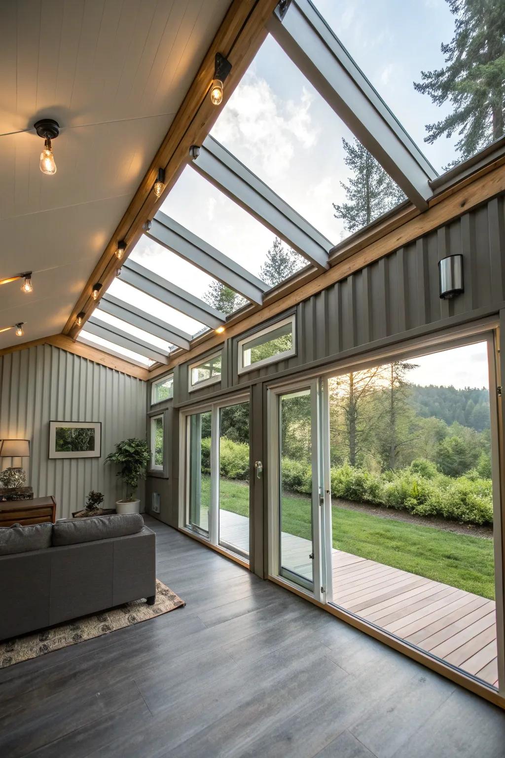 A container home bathed in natural light through generous windows and skylights.