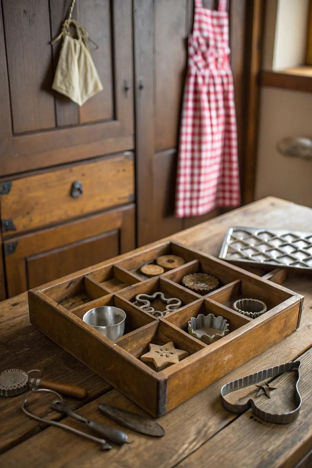 A vintage drawer used for arranging cookie embossers.
