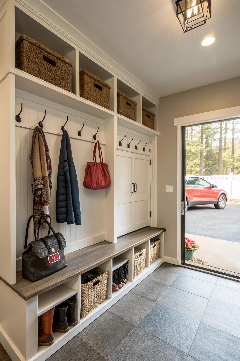 A garage mudroom and entryway keeping outdoor gear organized.