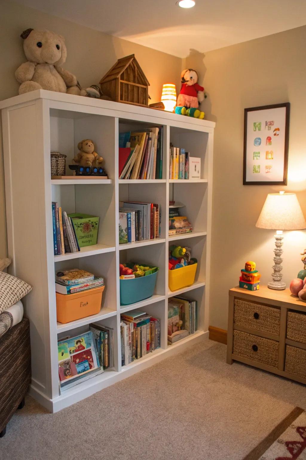 Corner shelves make arranging children's spaces fun.