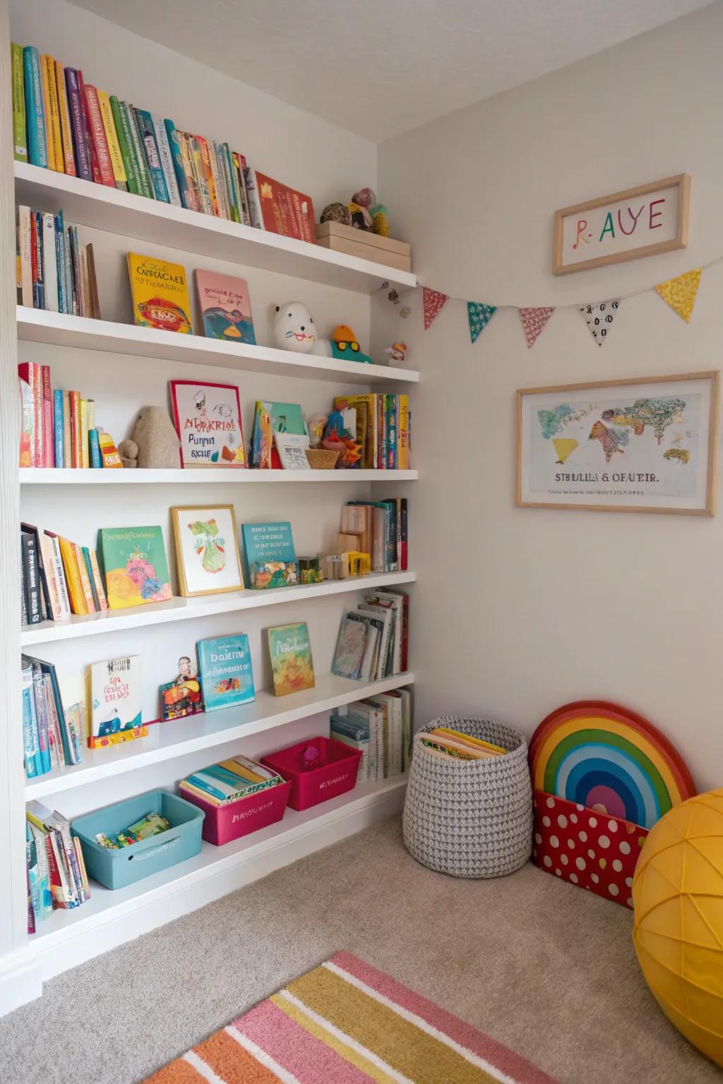 Corner shelves as a kids' library with books and toys.