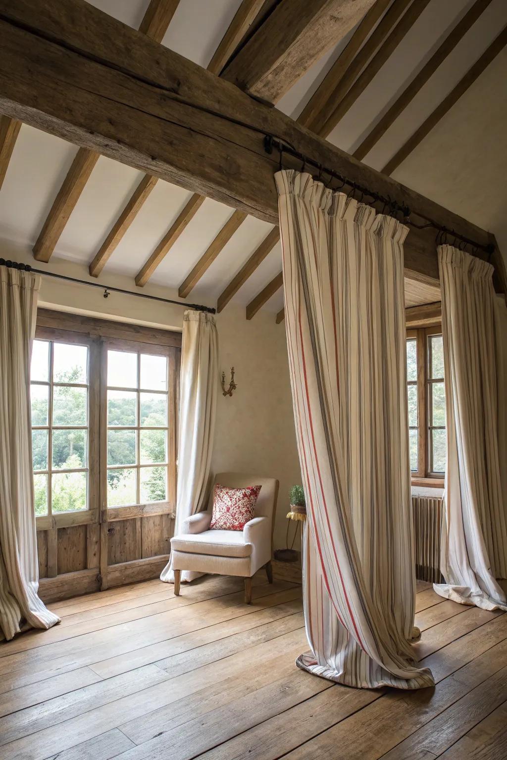 Striped curtains add classic charm and enhance vertical space.