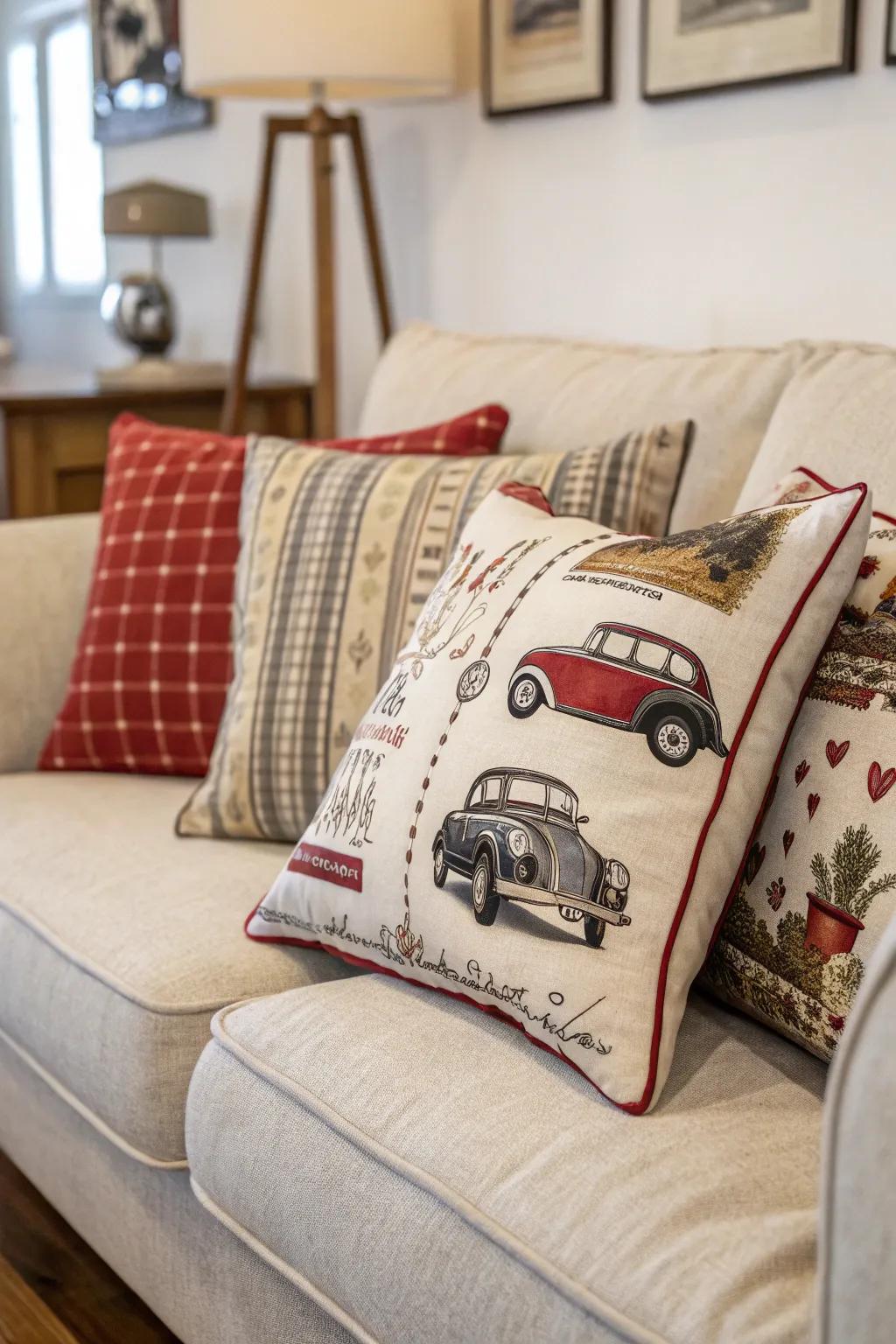 Vintage cushions carry nostalgic attraction to the decor.