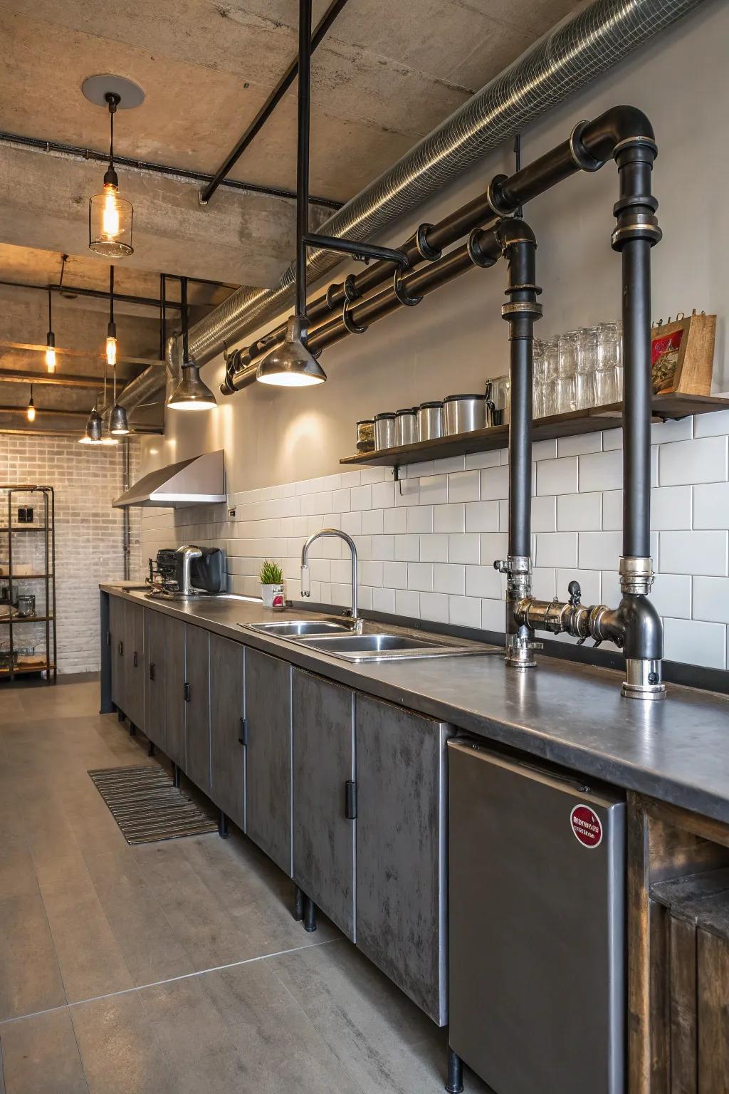 Industrial metal pipe end caps create a modern, urban kitchen look.