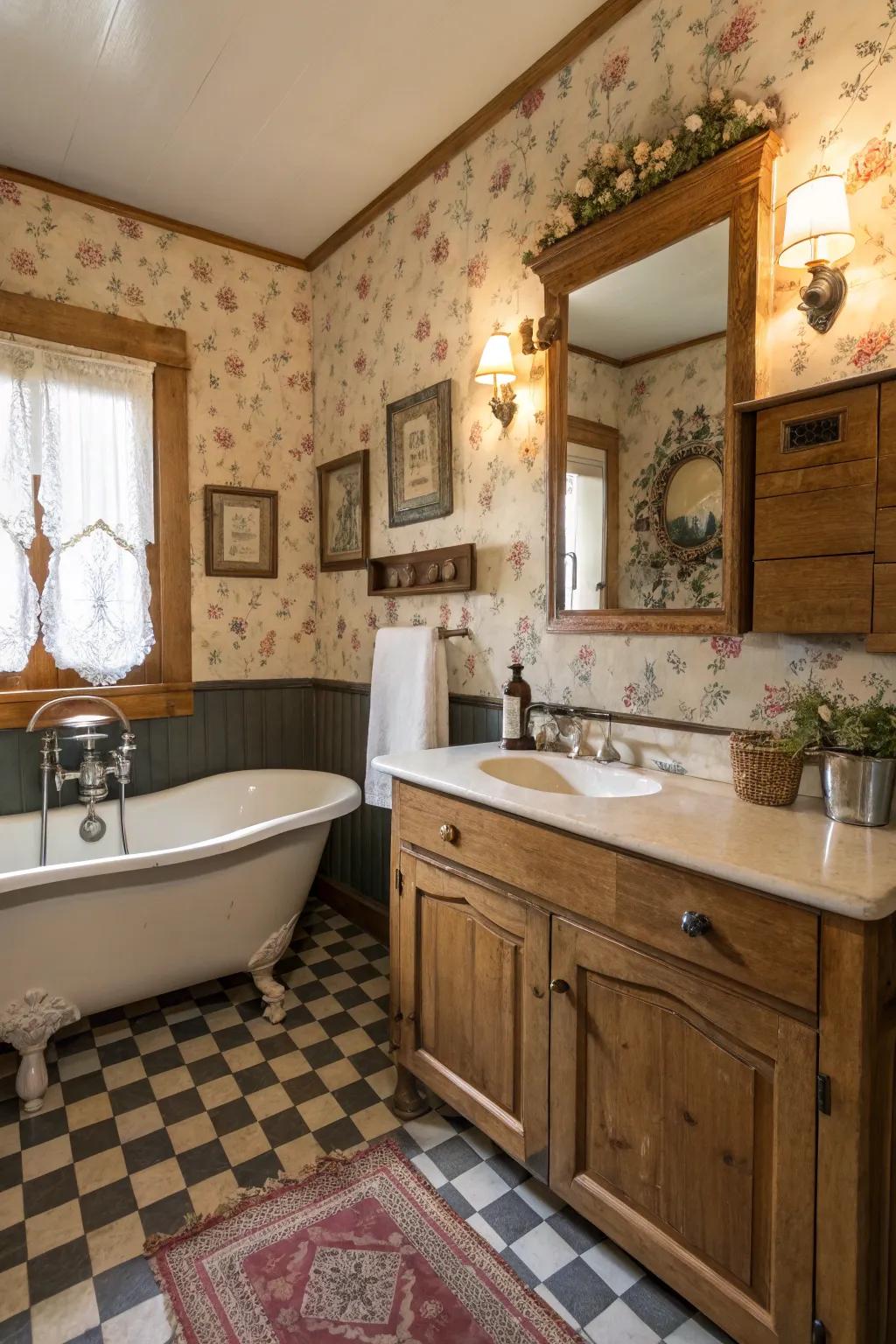 Vintage fixtures bring a nostalgic charm to this rustic bathroom.