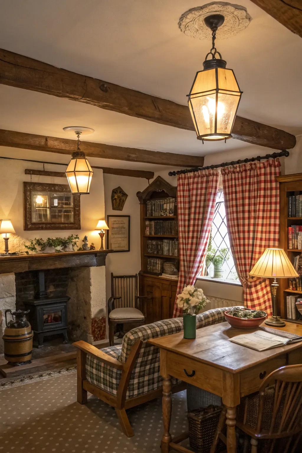 A room illuminated by vintage-inspired lighting.
