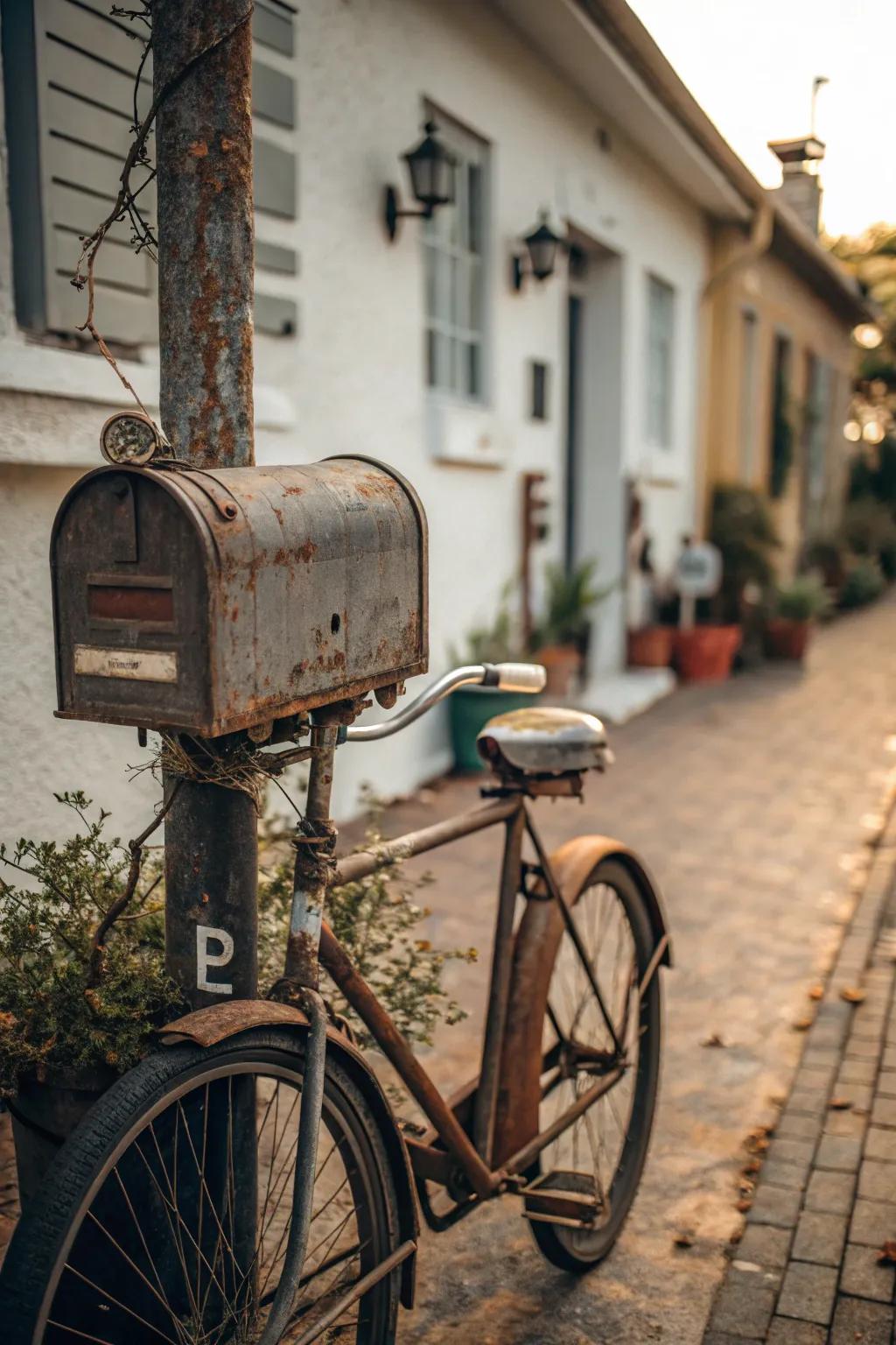 An antique bicycle mailbox stand adds whimsy and charm.