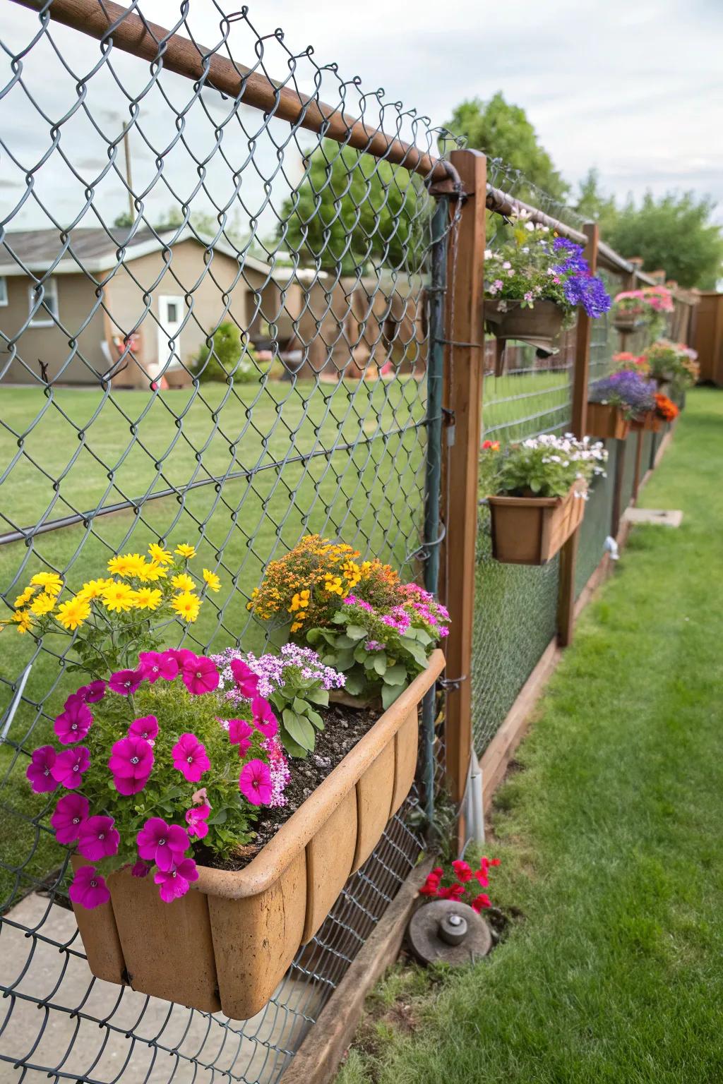Integrated planters bring a burst of color and creativity to chain link fences.