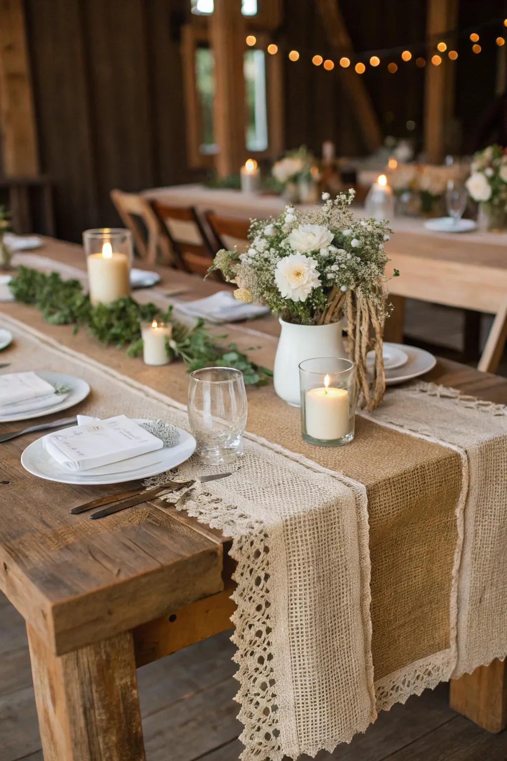 Unrefined wedding design featuring hessian platform runners for added texture.