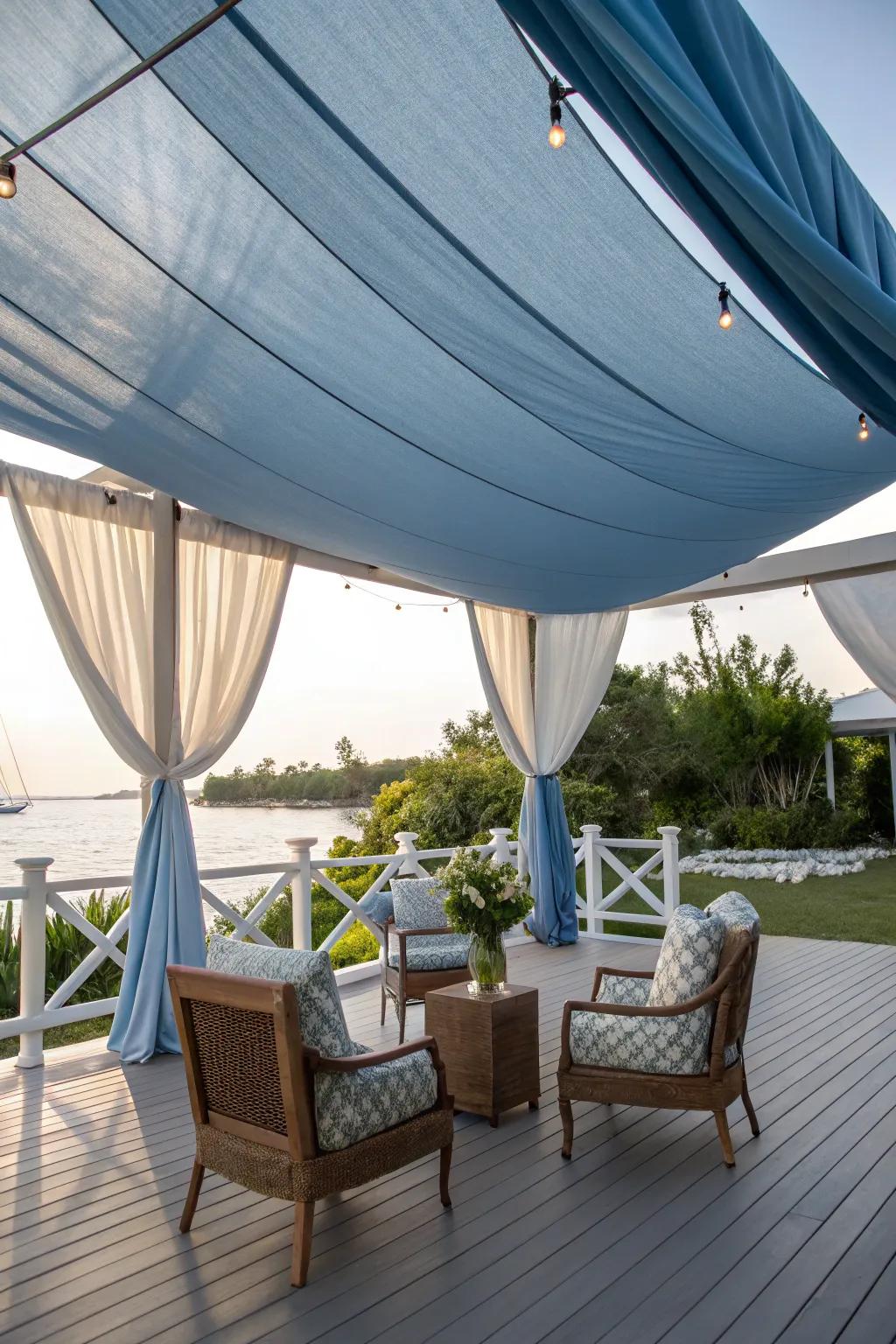 An artistic canvas sail-covered patio designed for imaginative souls.