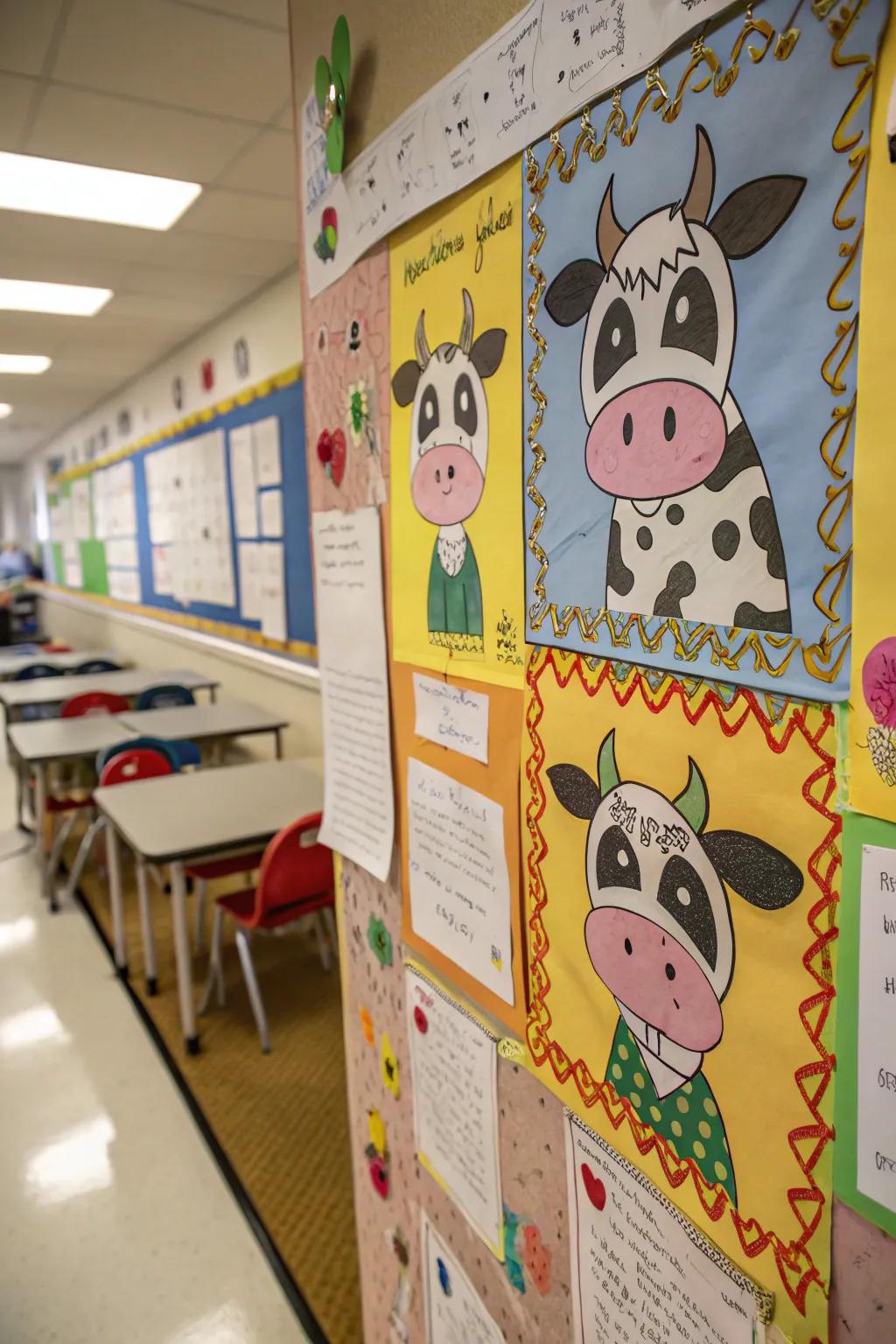 A 'Create Your Own Cow' bulletin board featuring student artwork