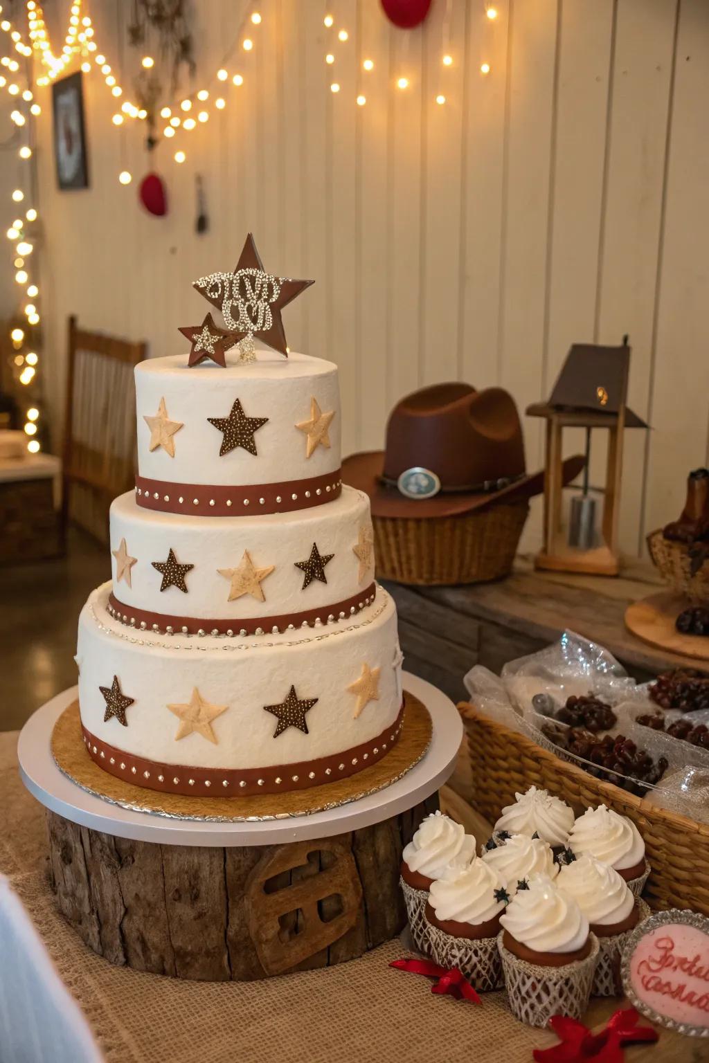 Western star accents inject sparkle and charm into this cowgirl baby shower cake.