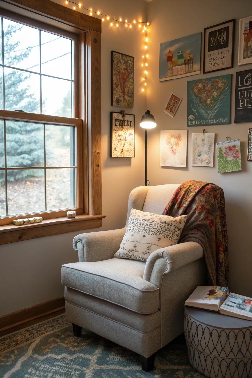 Artwork adds a personal and inspiring touch to this cozy reading nook.