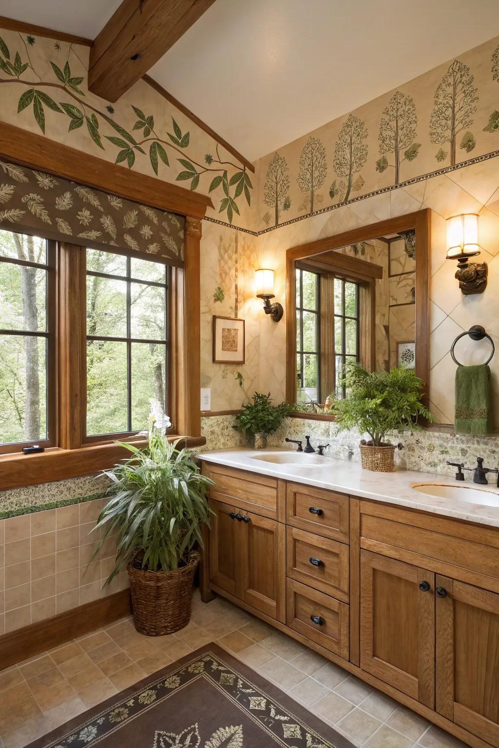 Nature-themed decor enhancing the craftsman bathroom.