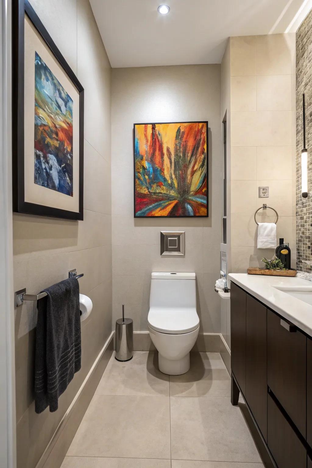 A bathroom incorporating surprising art that amuses and adds character.