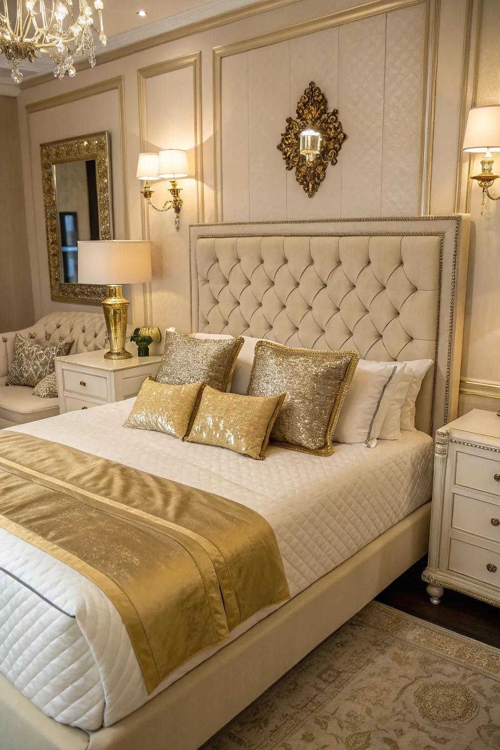 Gilded accent pillows give a burst of high-class and color towards the space.