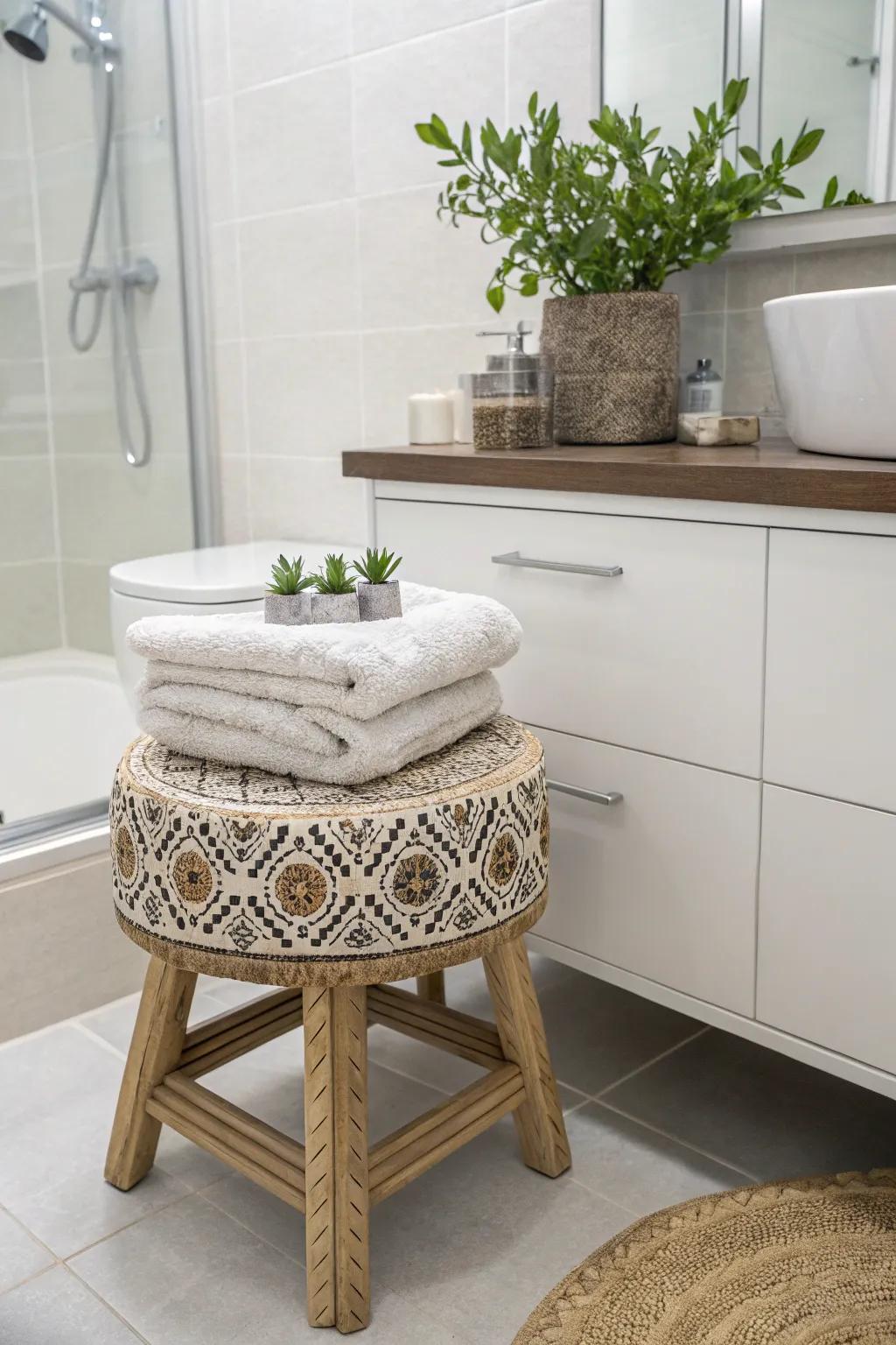 Decorative stools blend both functionality and flair to bathroom areas.