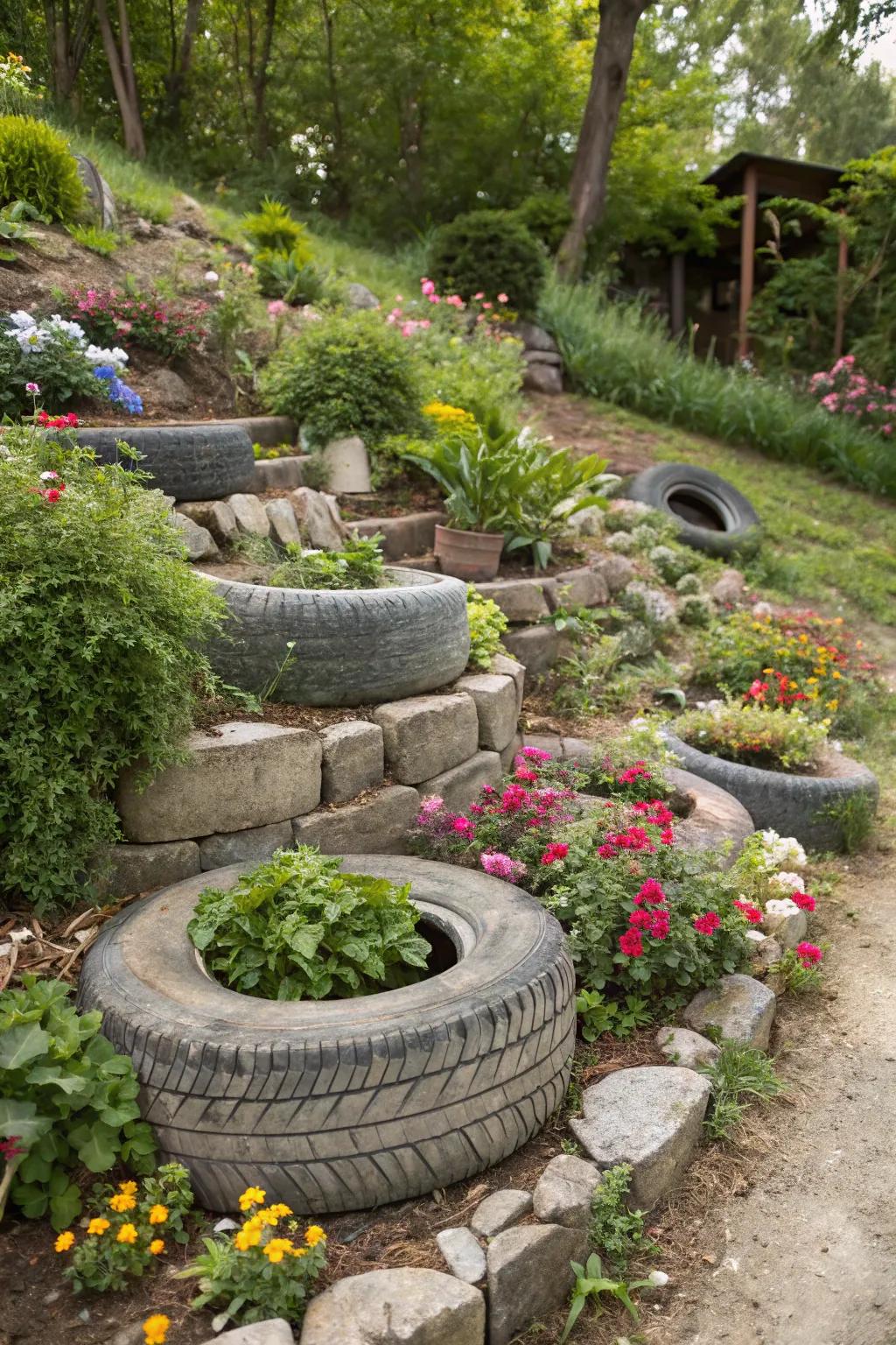 Intriguing submerged tire sanctuaries fashioning layered landscapes.