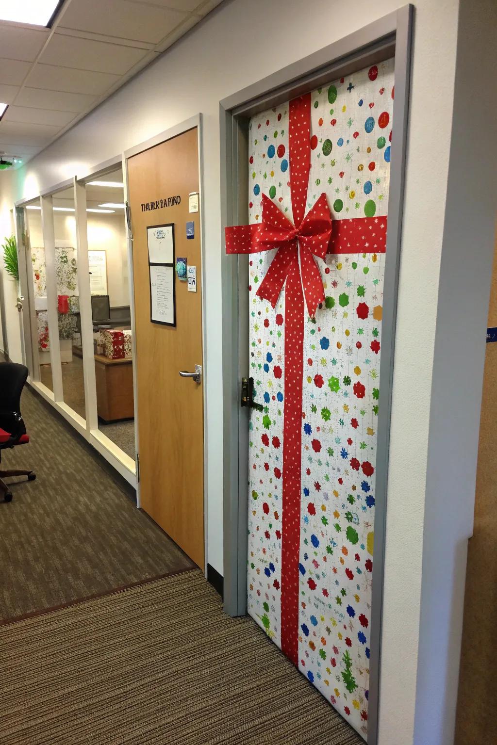 Turn office entrances into giant gifts for an enjoyable festive touch.