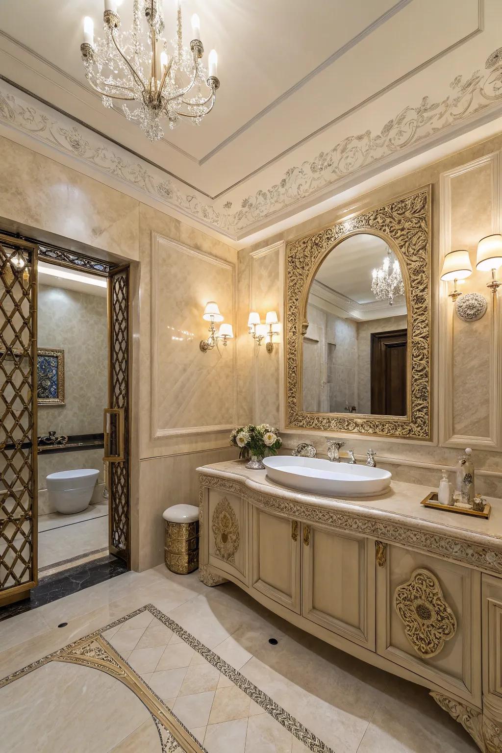 Ornamented particulars add individuality to a crema marfil bathroom.