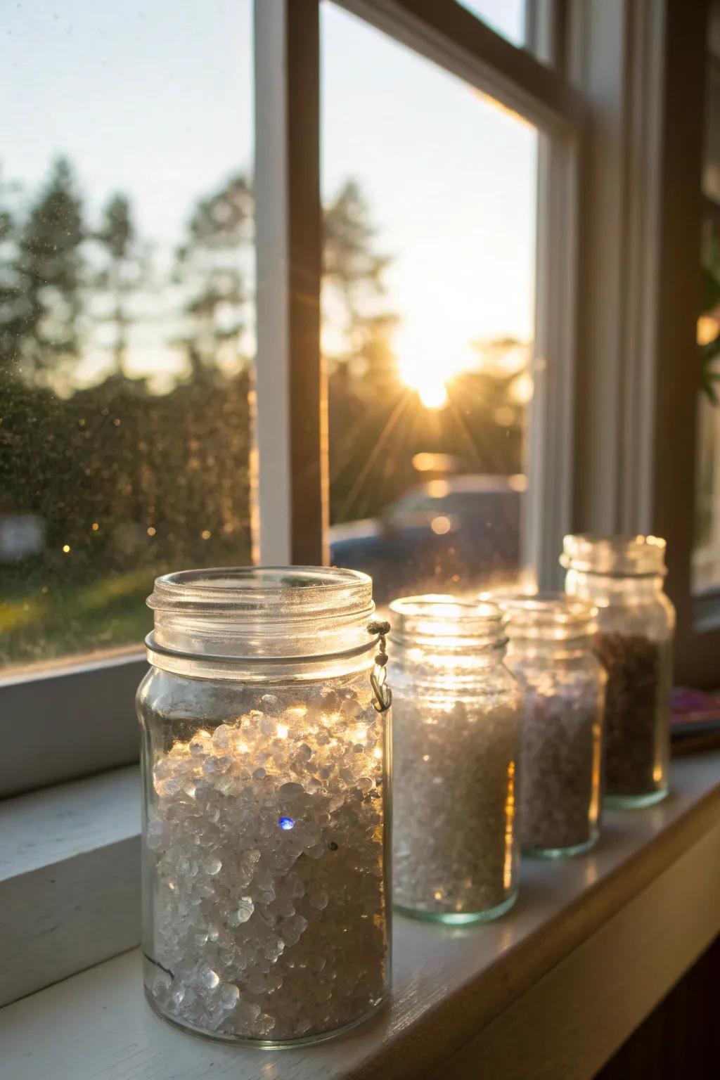 Minerals in glass bottles fashion a charming and light-catching display.