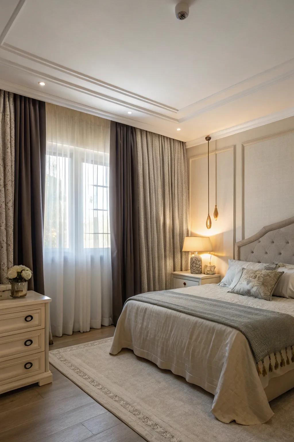Blackout drapes afford privacy and a striking contrast.