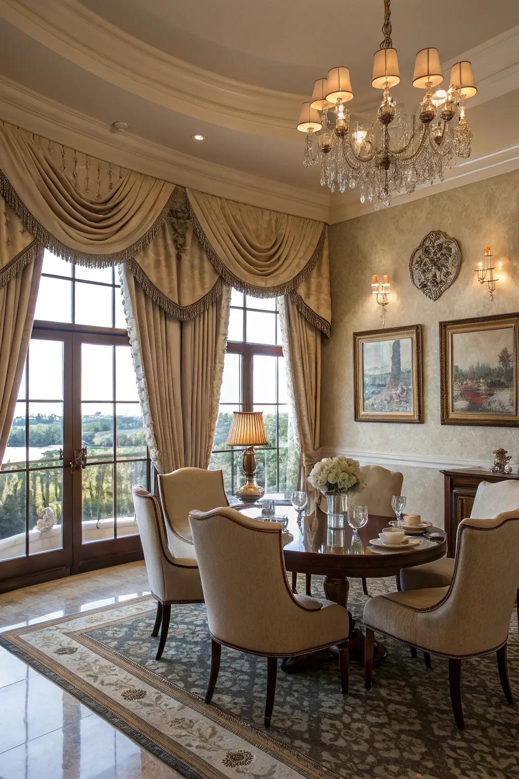 Achieve a polished look with scalloped edge valances in your dining room.