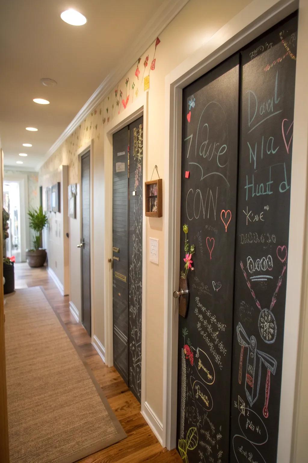 Interactive chalkboard door panels for personalized messages.