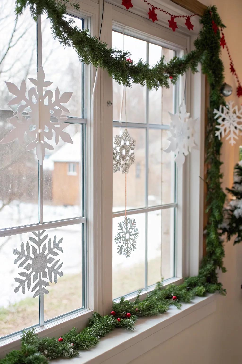 Festive window decorations add charm to any view.