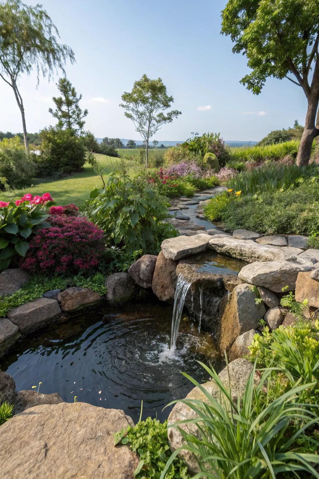 A stone fountain lends a peaceful and serene ambiance.