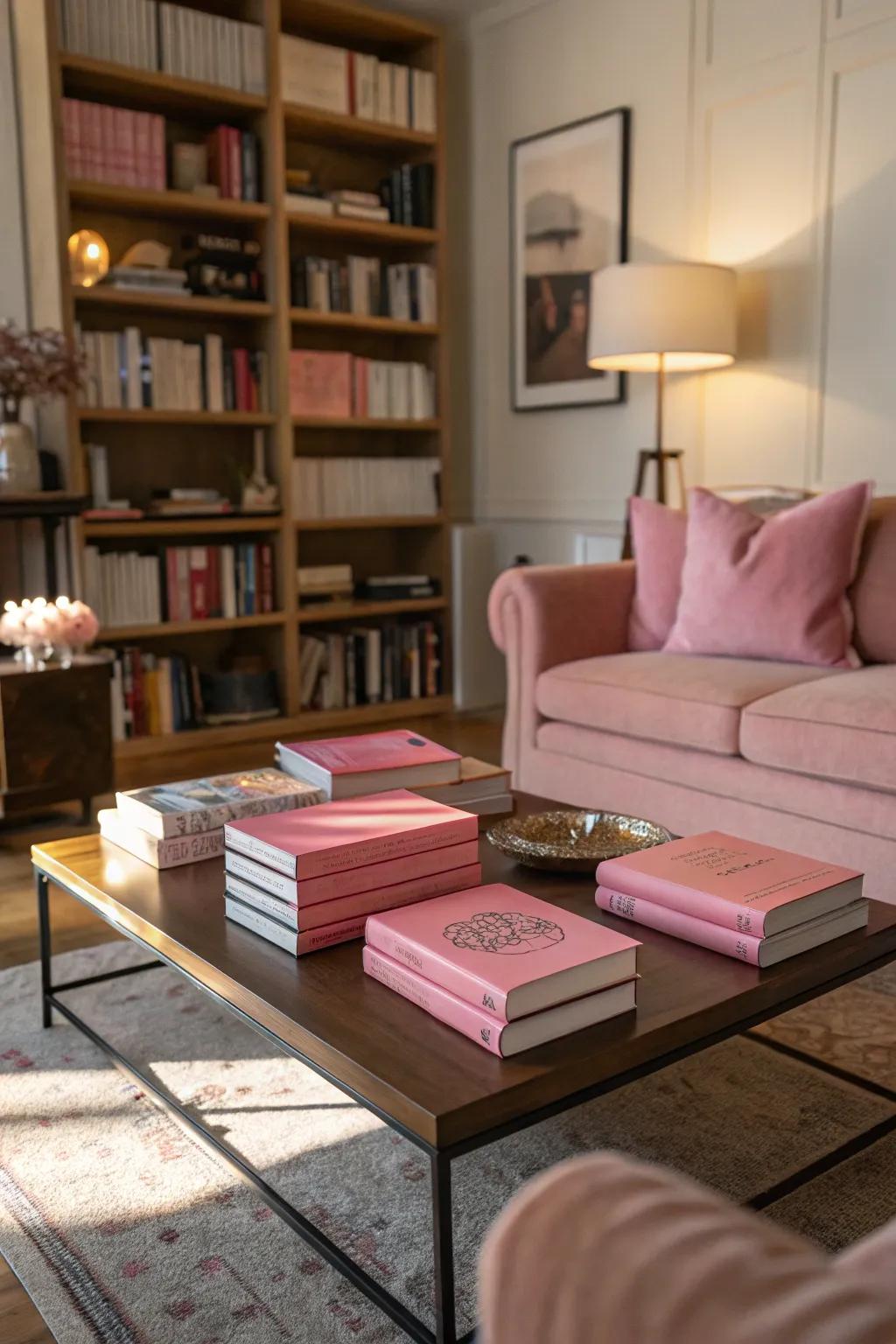 Roseate books subtly introduce color and interest to the decor.