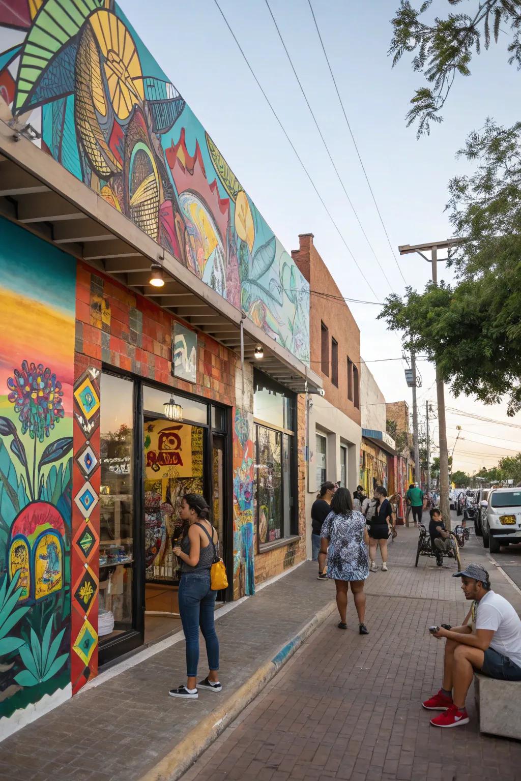 A storefront adorned with local art, creating a community-centered cultural hub.