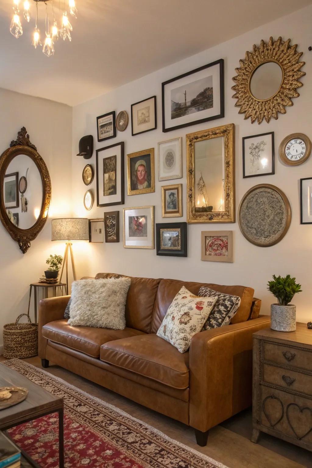 Eclectic wall decor adds character and dimension.